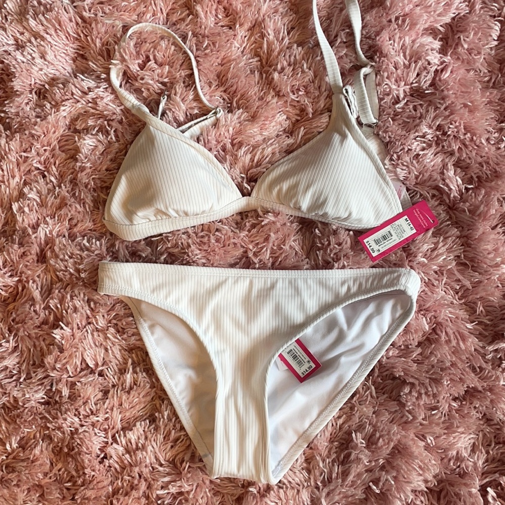 NWT both white ribbed bikini top and bottom set!